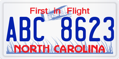 NC license plate ABC8623