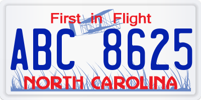 NC license plate ABC8625