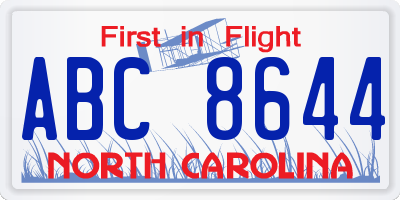 NC license plate ABC8644