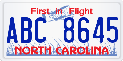 NC license plate ABC8645