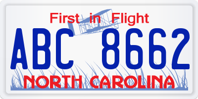 NC license plate ABC8662