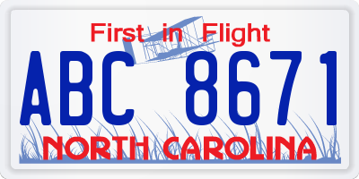 NC license plate ABC8671
