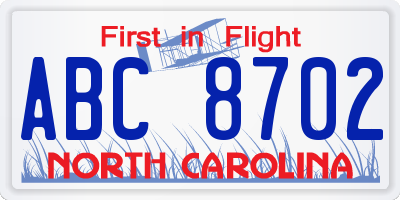 NC license plate ABC8702