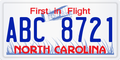 NC license plate ABC8721