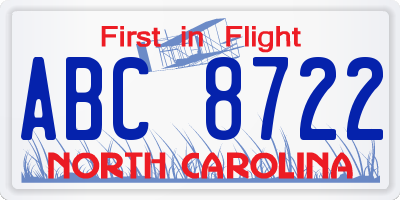 NC license plate ABC8722
