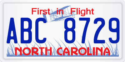 NC license plate ABC8729