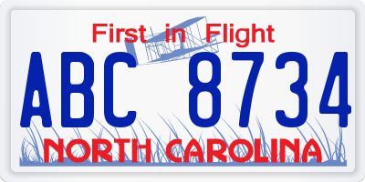 NC license plate ABC8734