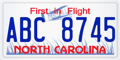 NC license plate ABC8745