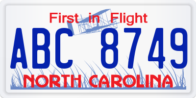 NC license plate ABC8749