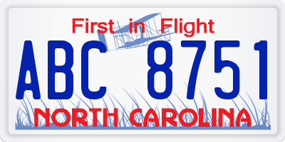 NC license plate ABC8751