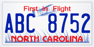 NC license plate ABC8752