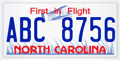 NC license plate ABC8756