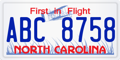 NC license plate ABC8758