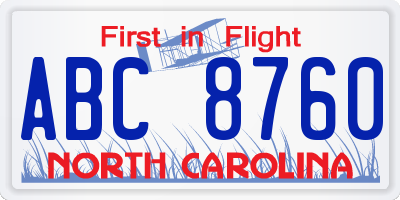 NC license plate ABC8760