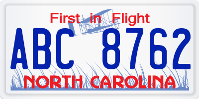 NC license plate ABC8762