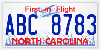 NC license plate ABC8783