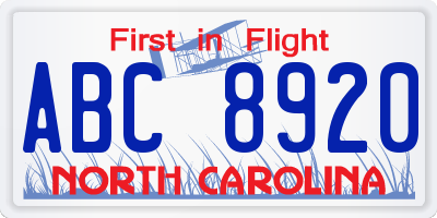 NC license plate ABC8920
