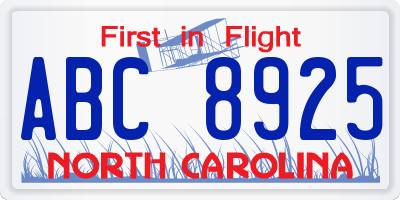 NC license plate ABC8925