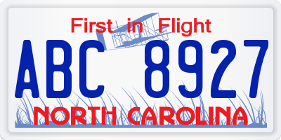 NC license plate ABC8927