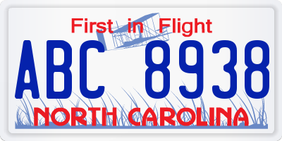 NC license plate ABC8938