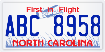 NC license plate ABC8958