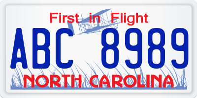 NC license plate ABC8989