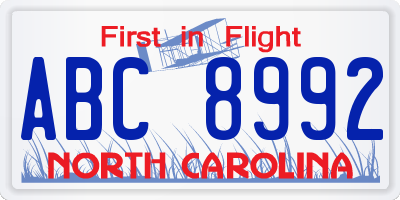 NC license plate ABC8992