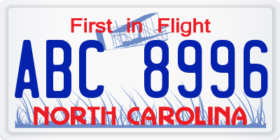 NC license plate ABC8996