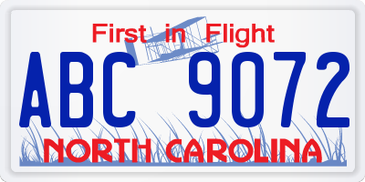 NC license plate ABC9072