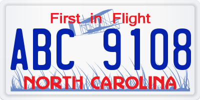 NC license plate ABC9108