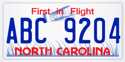 NC license plate ABC9204