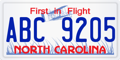 NC license plate ABC9205