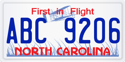 NC license plate ABC9206
