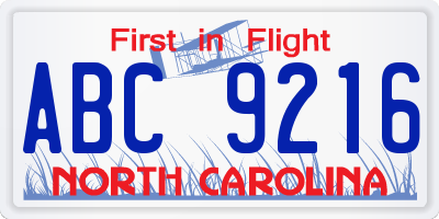 NC license plate ABC9216