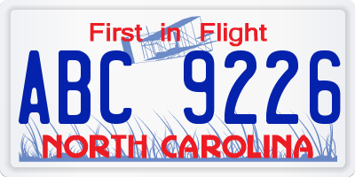 NC license plate ABC9226