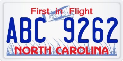 NC license plate ABC9262