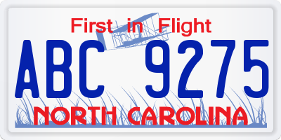 NC license plate ABC9275