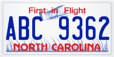 NC license plate ABC9362