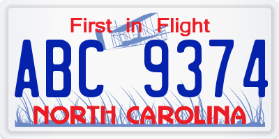 NC license plate ABC9374