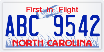 NC license plate ABC9542