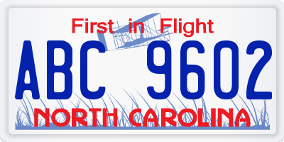 NC license plate ABC9602