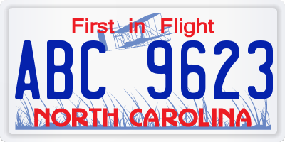 NC license plate ABC9623