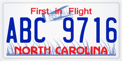 NC license plate ABC9716