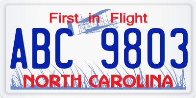 NC license plate ABC9803