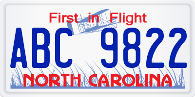 NC license plate ABC9822