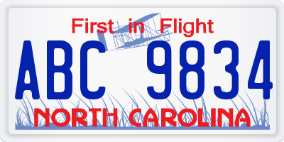 NC license plate ABC9834