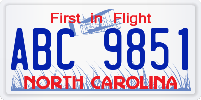 NC license plate ABC9851