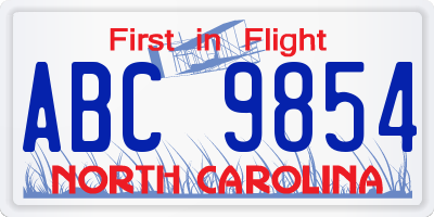 NC license plate ABC9854
