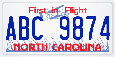 NC license plate ABC9874