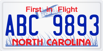 NC license plate ABC9893